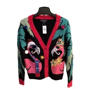 Ugly Christmas Sequins Cardigan with Pink Flamingos